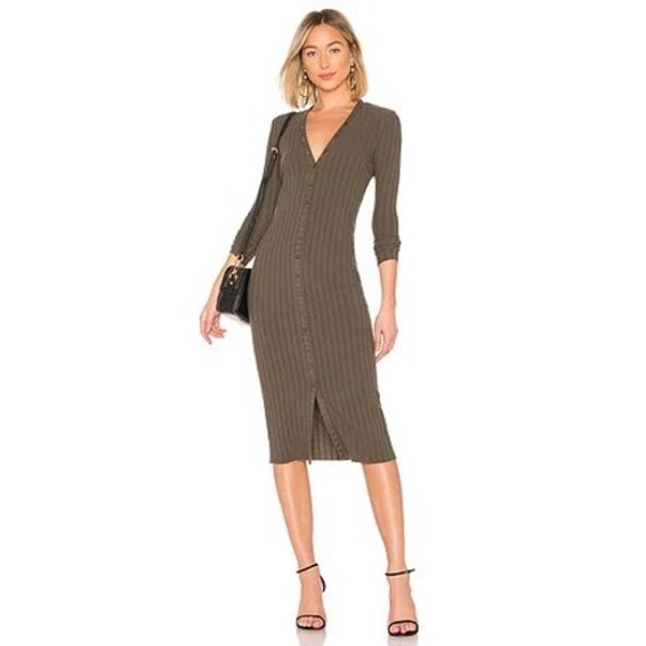 Enza Costa Dresses & Skirts - Enza Costa Ribbed Button Down Midi Dress Olive Green Brown Long Sleeve Knit  - S